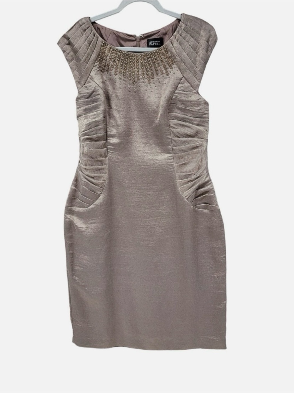 Adrianna Papell Metallic Taupe Cap-Sleeve Beaded Neckline Ruched Sheath Dress